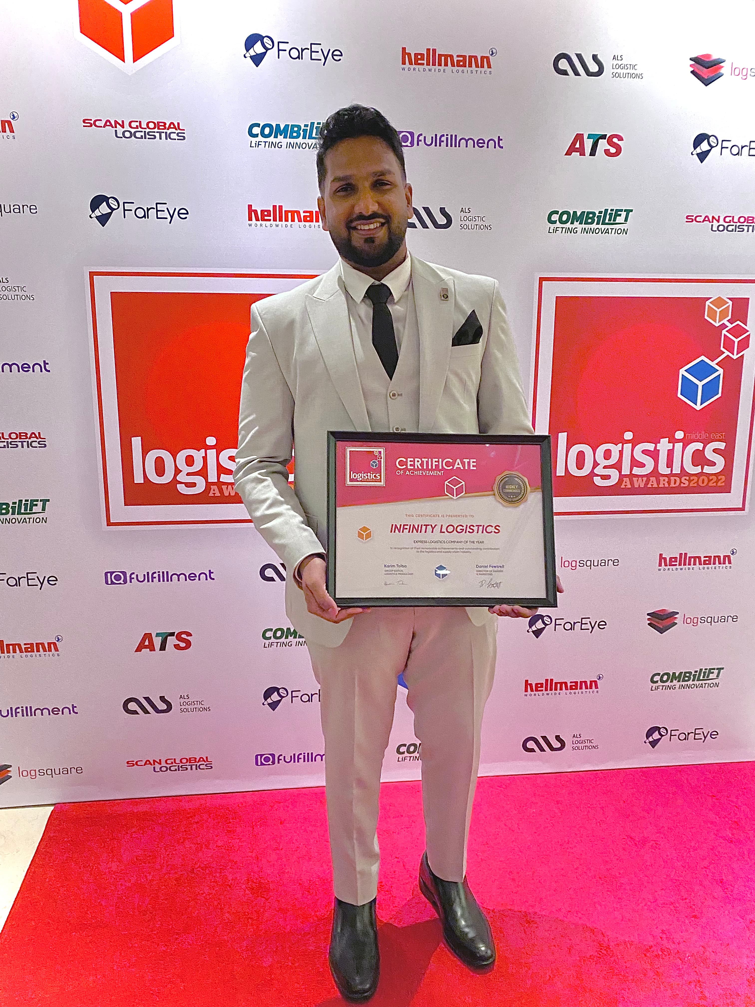 Infinity Logistics leadership receiving Express Logistics Company of the Year — Highly Commended at Logistics Middle East Awards 2022